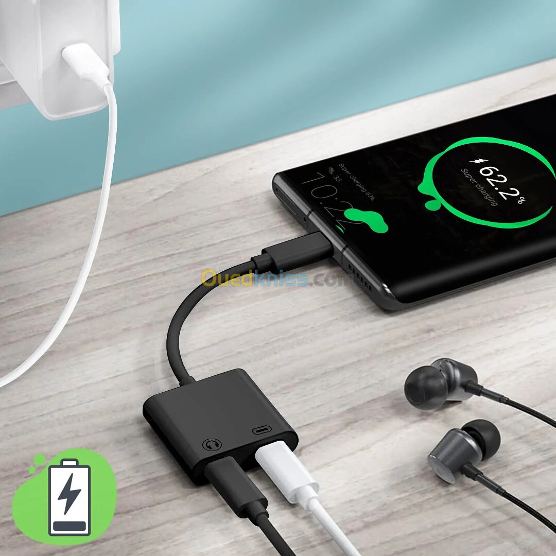 Adaptateur USB-C Mâle vers Double USB-C Femelle Audio et Charge Compact Noir