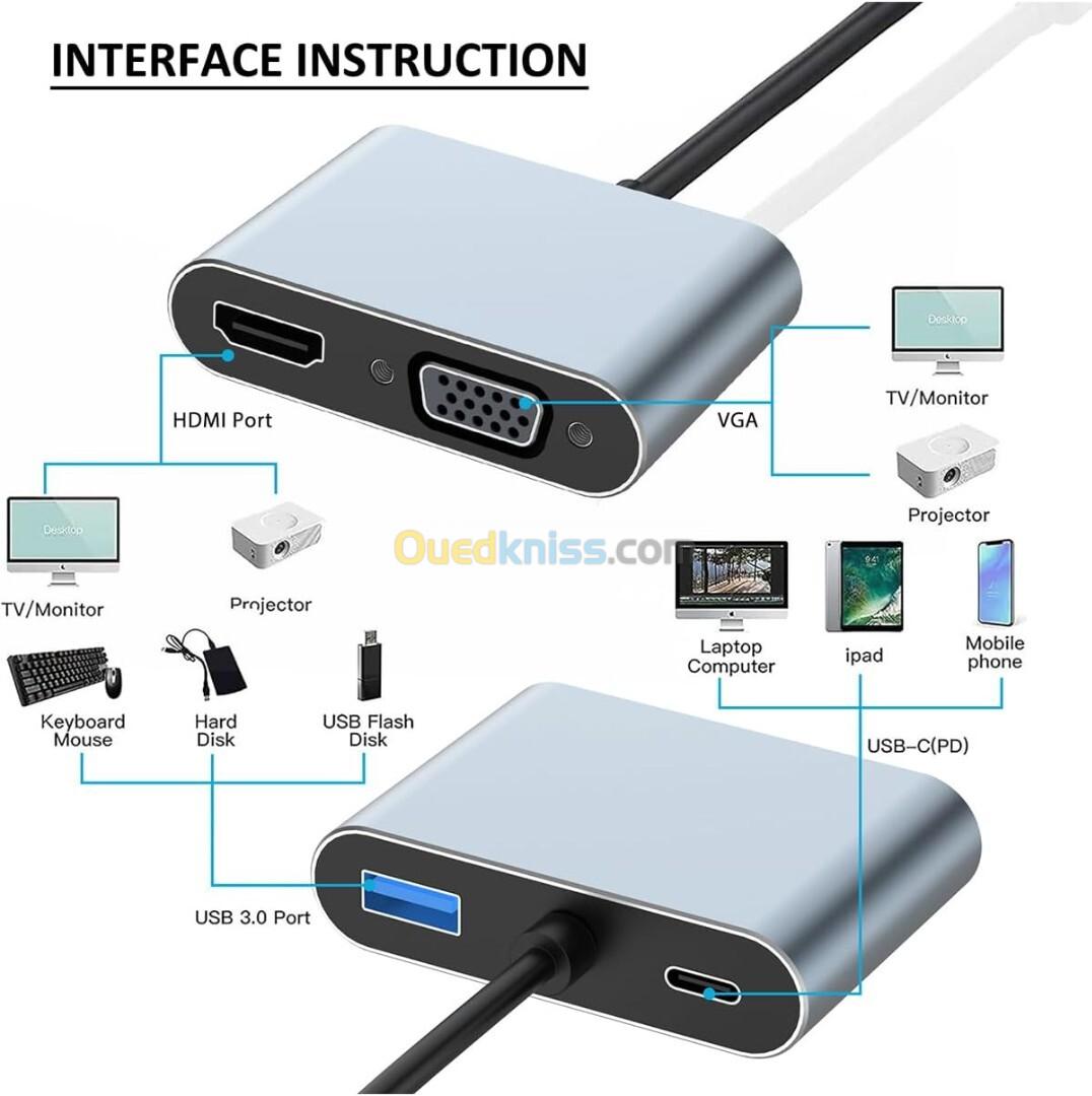 Adaptateur 4en1 Support 4K Type-C to HDMI / VGA / Type-C / USB 3.0