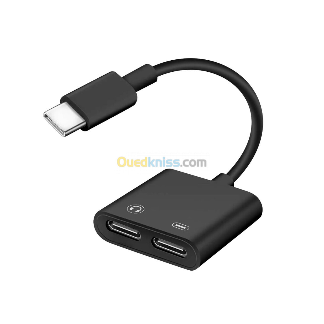 Adaptateur USB-C Mâle vers Double USB-C Femelle Audio et Charge Compact Noir