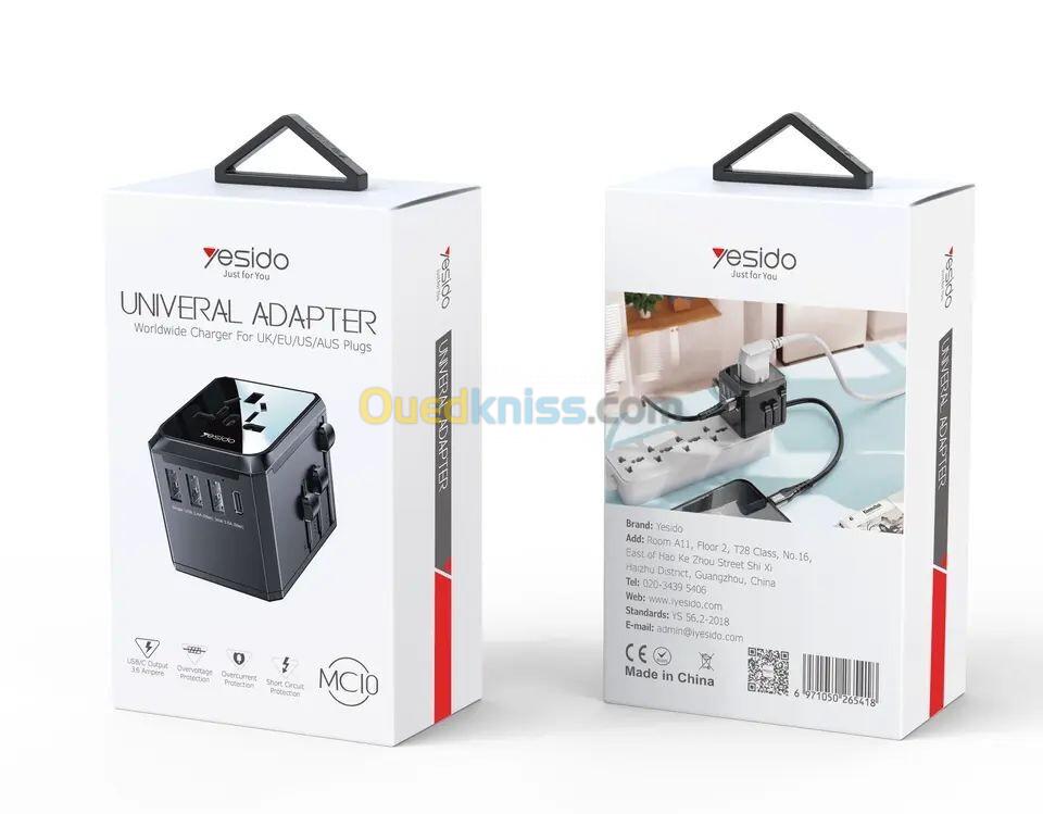 Adaptateur universel/chargeur mural 5en1 Yesido MC10 avec 3 ports de charge USB et Type-C