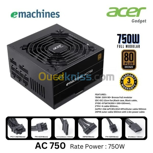 ALIMENTATION ACER 750W AC750 80PLUS BRONZE FULL MODULAIRE BLACK