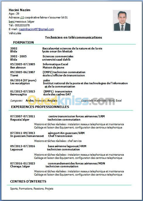 Technicien Télécommunications  expérience 18 ans 