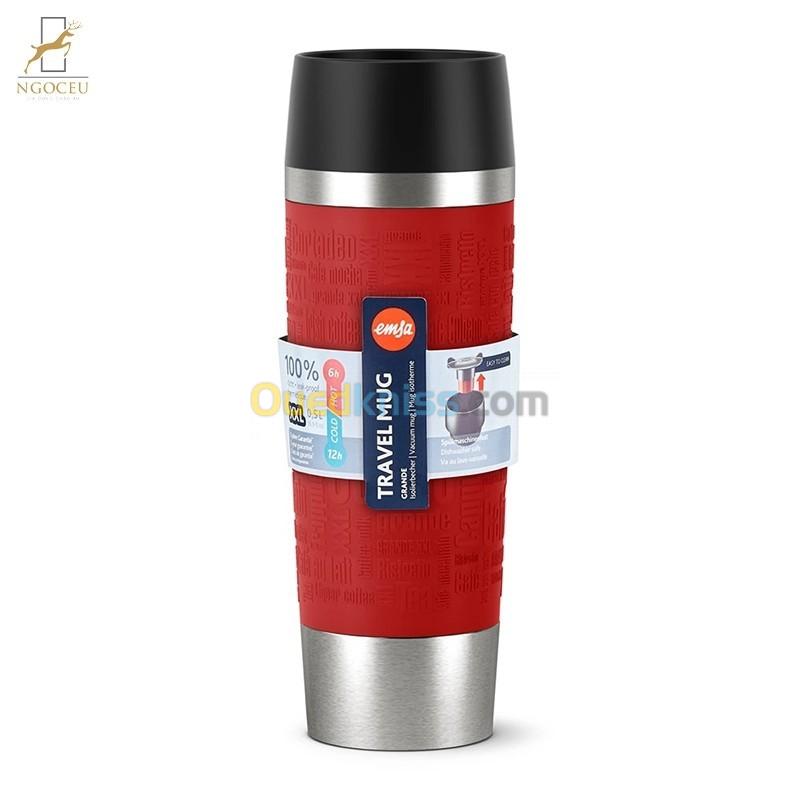 THERMOS de voyage EMSA isotherme fermeture par pression, 100% hermétique, silicone, 500ml NOIR/ROUGE