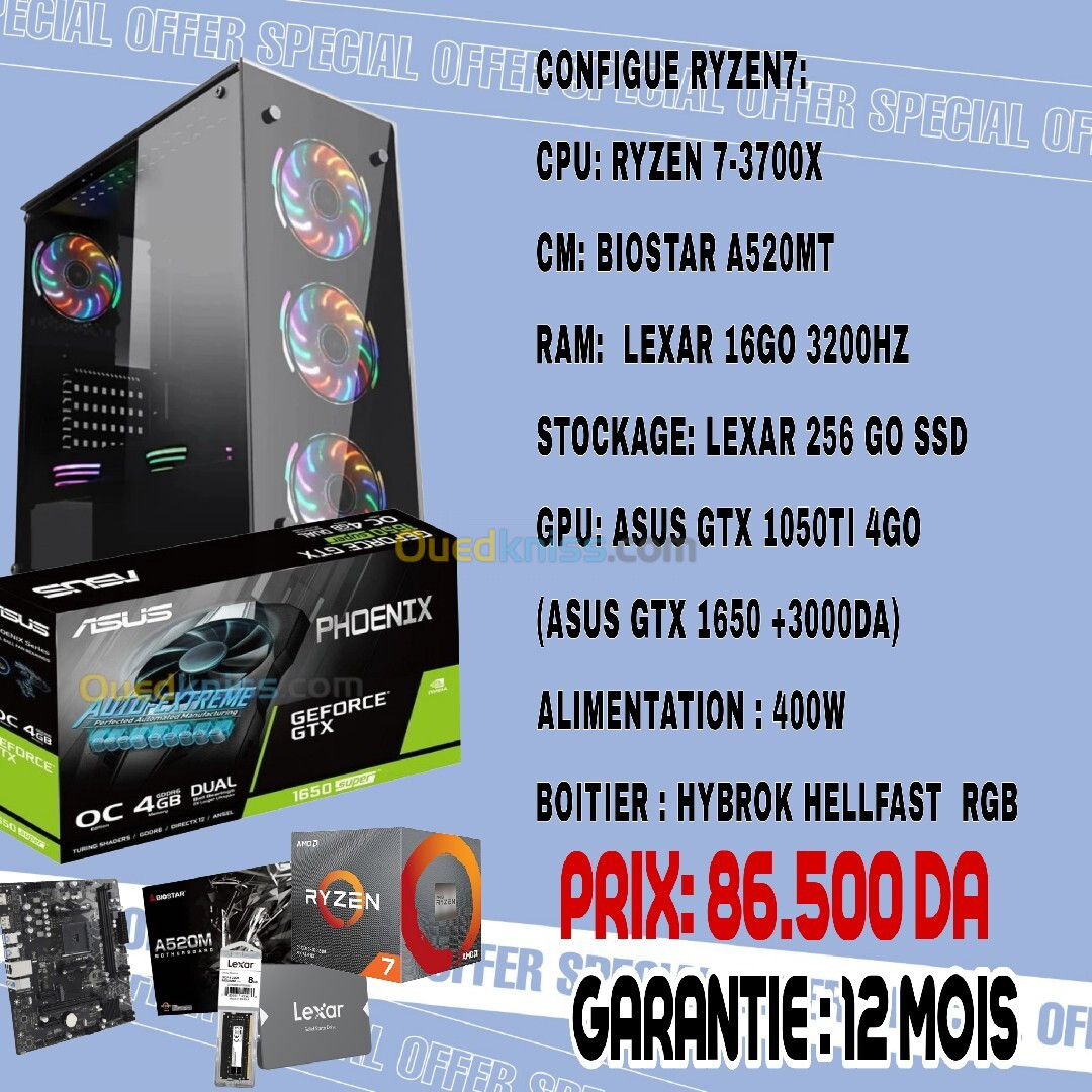 PC GAMING R7-3700X/16GO/256 GO SSD /GTX 1650 OU 1050TI