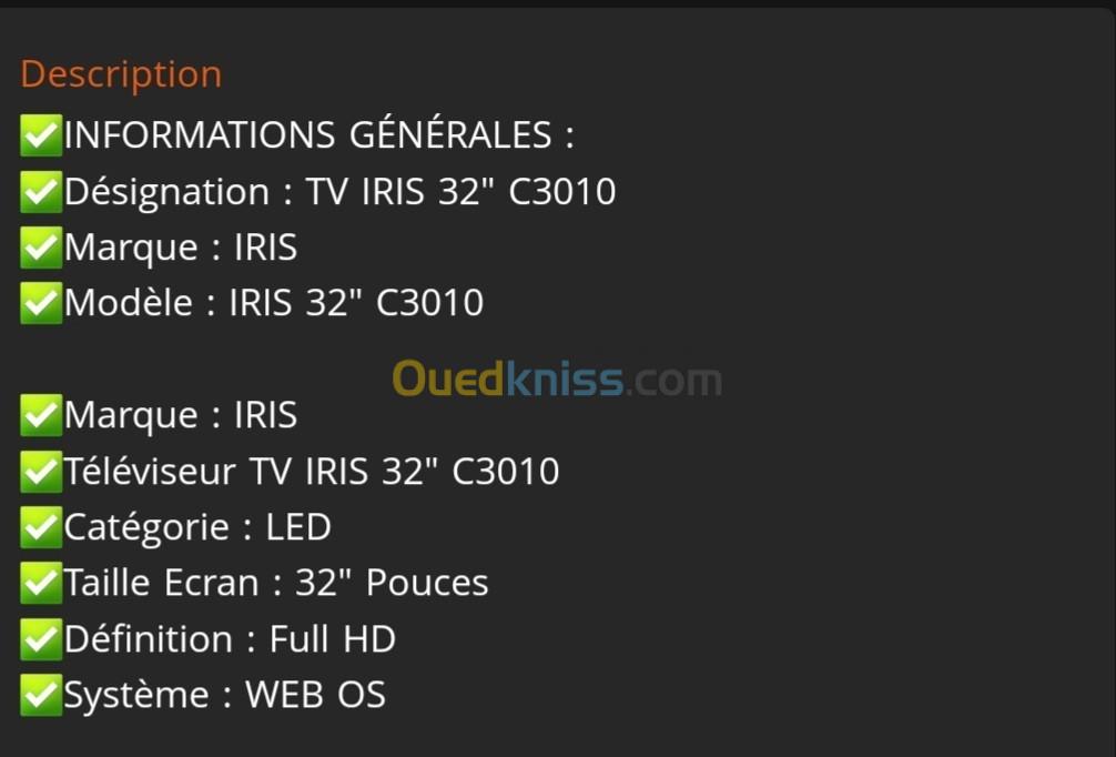 Téléviseur IRIS SMART 32 pouces en excellent état avec support mural