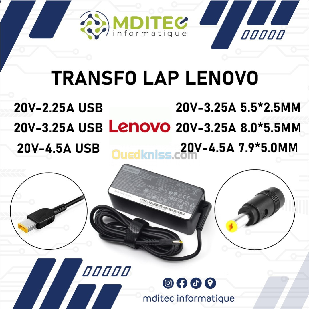 Chargeur pour Pc portable Lenovo 20V / 4.5A