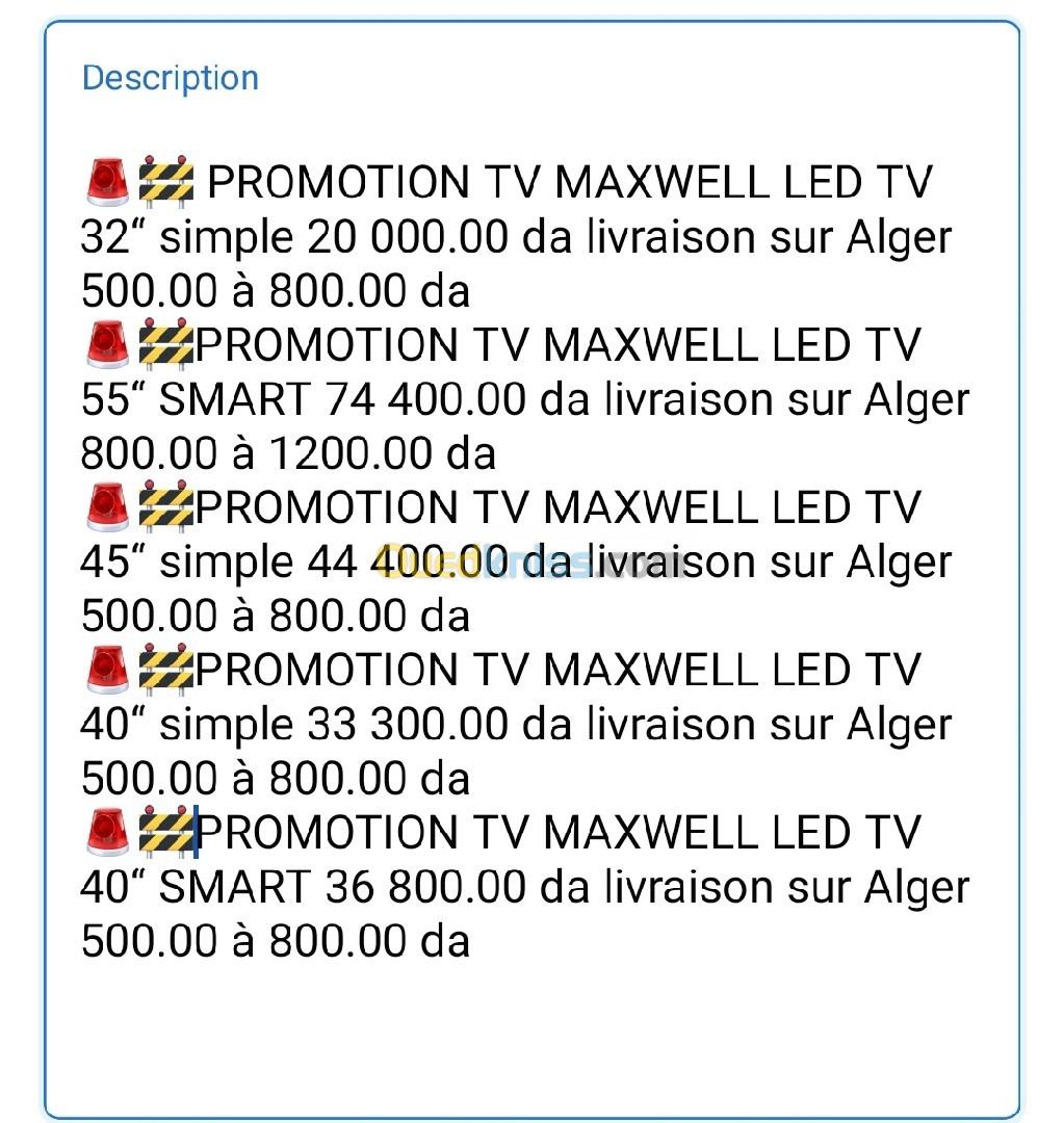 Promotion TV Maxwell simple et Smart TV led 