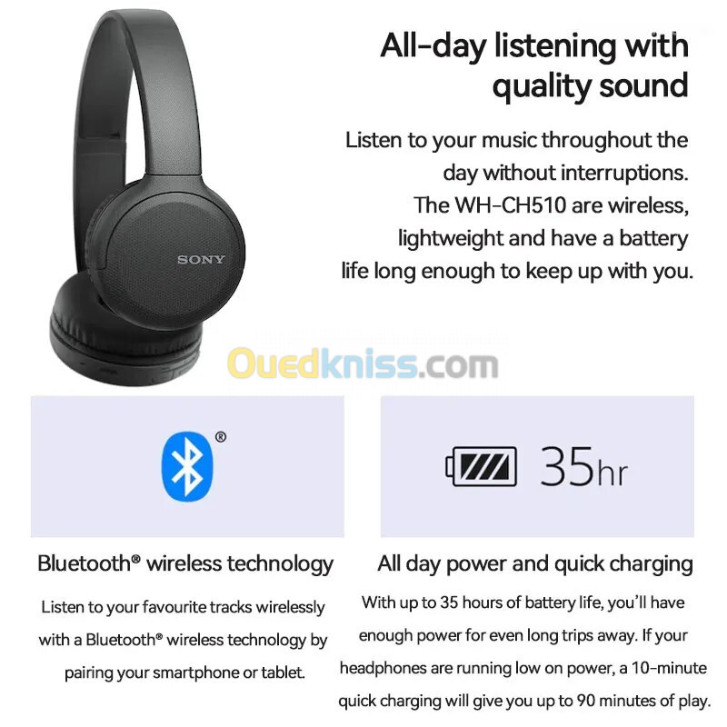 Sony Casque Bluetooth Original sans fil assistant vocal intégré, charge rapide, 35 heures