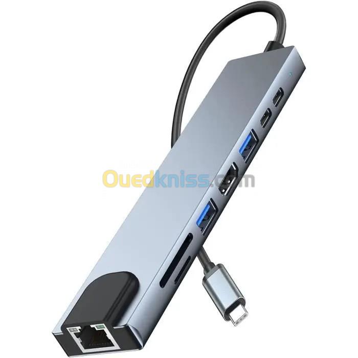 Hub USB C Adaptateur HDMI avec Ethernet, Hub 8 en 1 de Type C avec HDMI 4K, USB 3.0