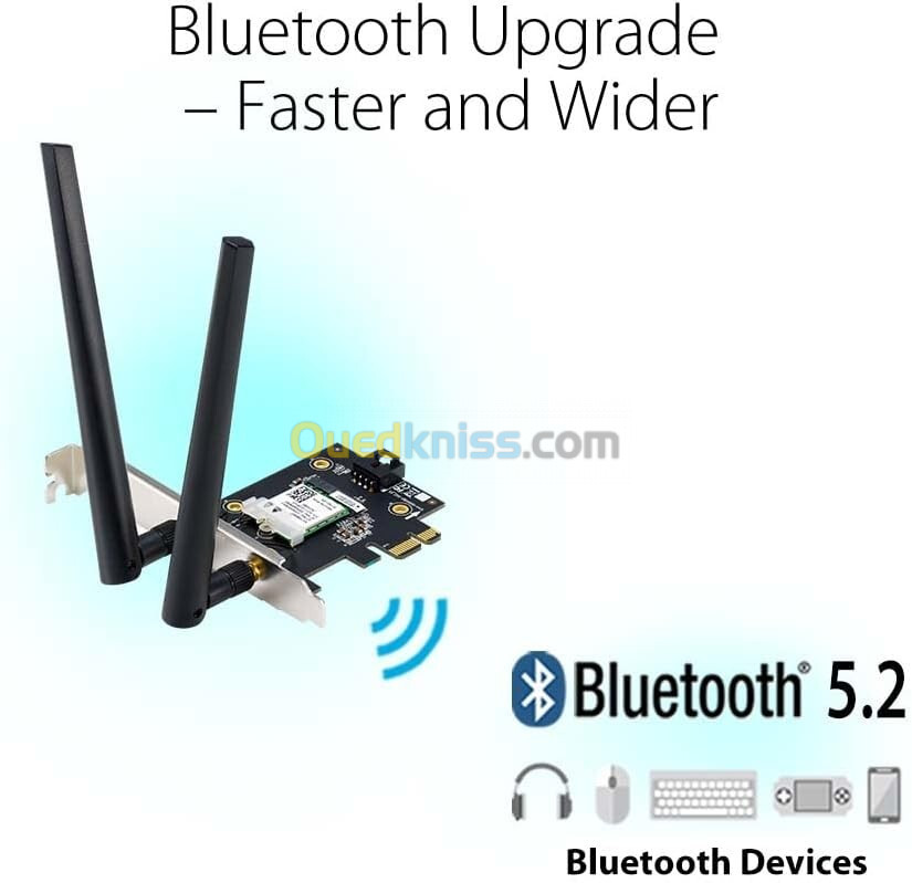 AX1800 Dual Band PCI-E WiFi 6 (802.11ax). Bluetooth 5.2, sécurité réseau WPA3, OFDMA et MU-MIMO