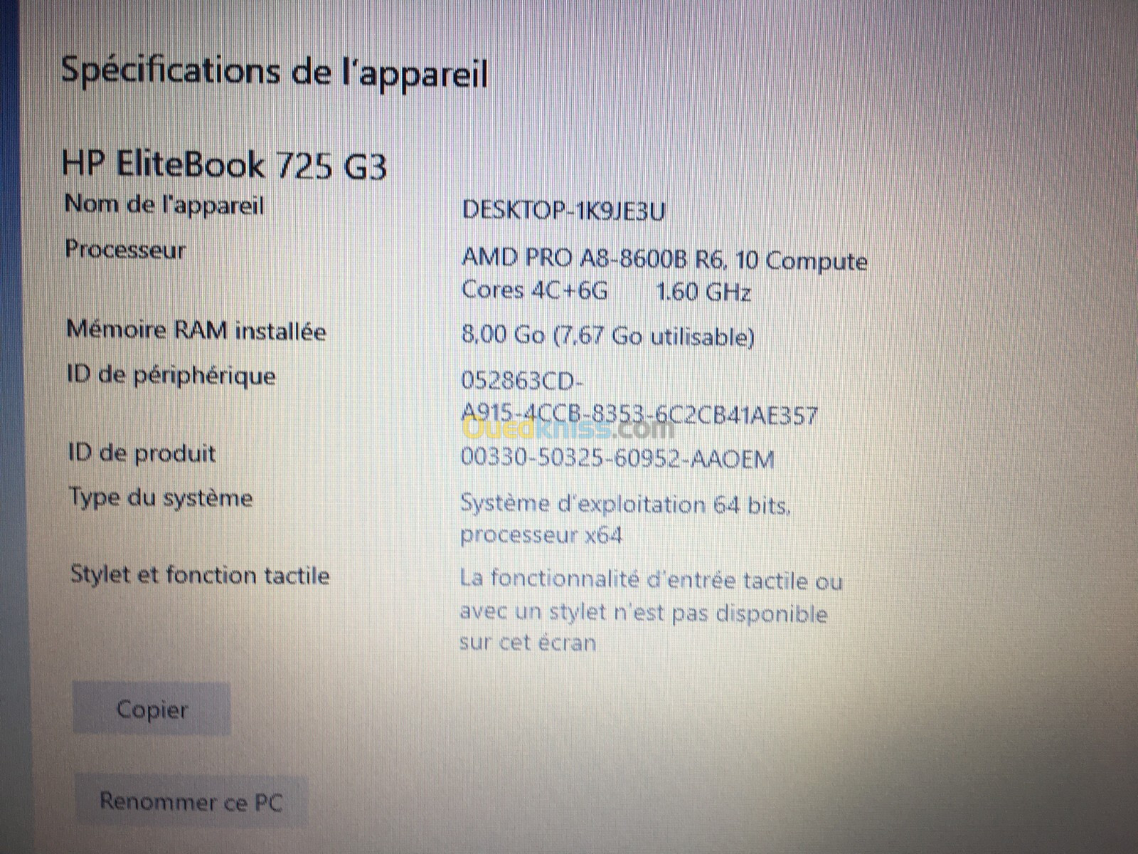 HP ELITEBOOK 725 G3 AMD PRO A8/8Go/SSD 240Go/12.5"