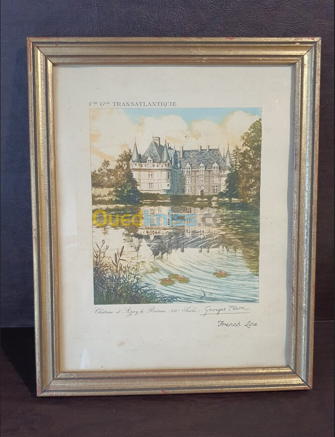 2 Tableaux Gravure couleur Signé Georges Plasse (1878-1948), 2 Châteaux, Cadre Doré à la feuille