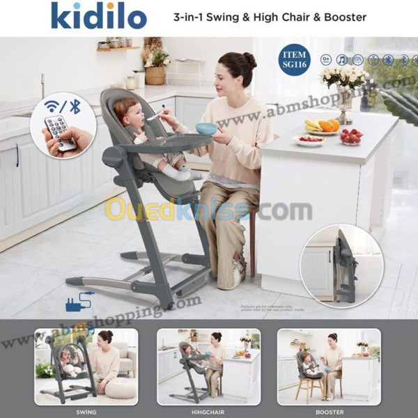 Chaise haute, balançoire, rehausseur 3en1 avec télécommande | Kidilo