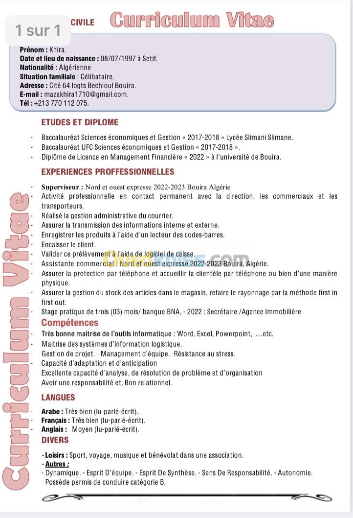 Assistante commerciale /assistante administrative /secrétaire /superviseur