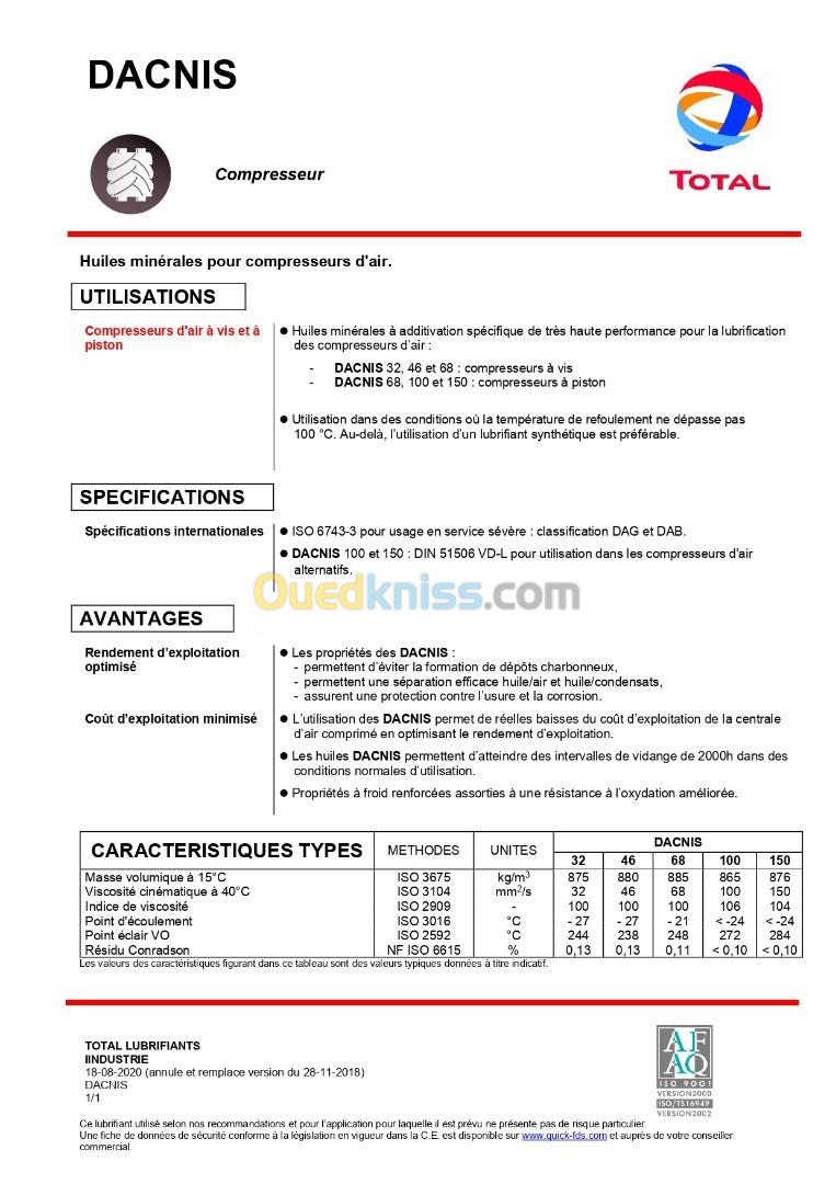 TOTAL DACNIS 68 - HUILE COMPRESSUERS D'AIR BIDON 20L