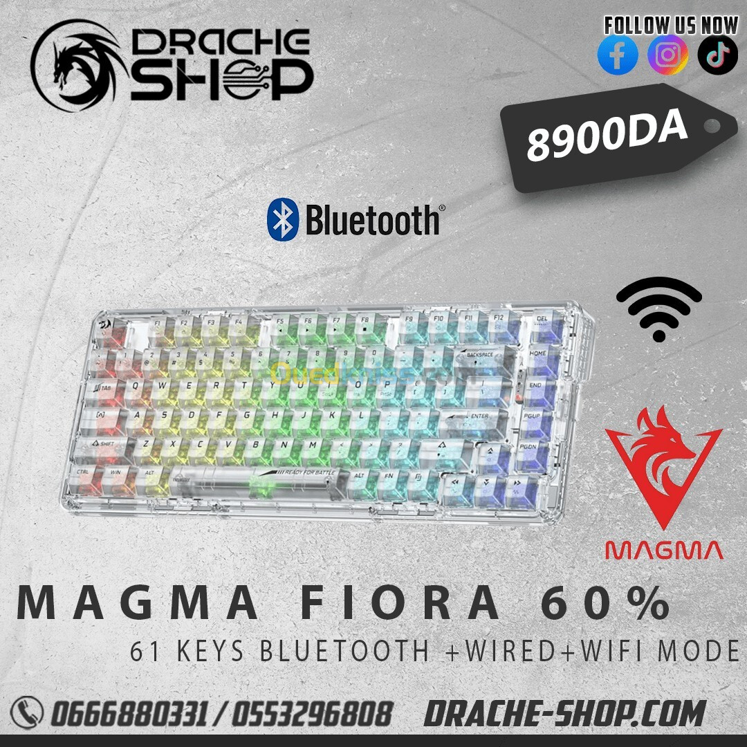 Clavier Gaming MAGMA FIORA 60% GREY-WHITE Wired +Bluetooth + 2.4 Ghz