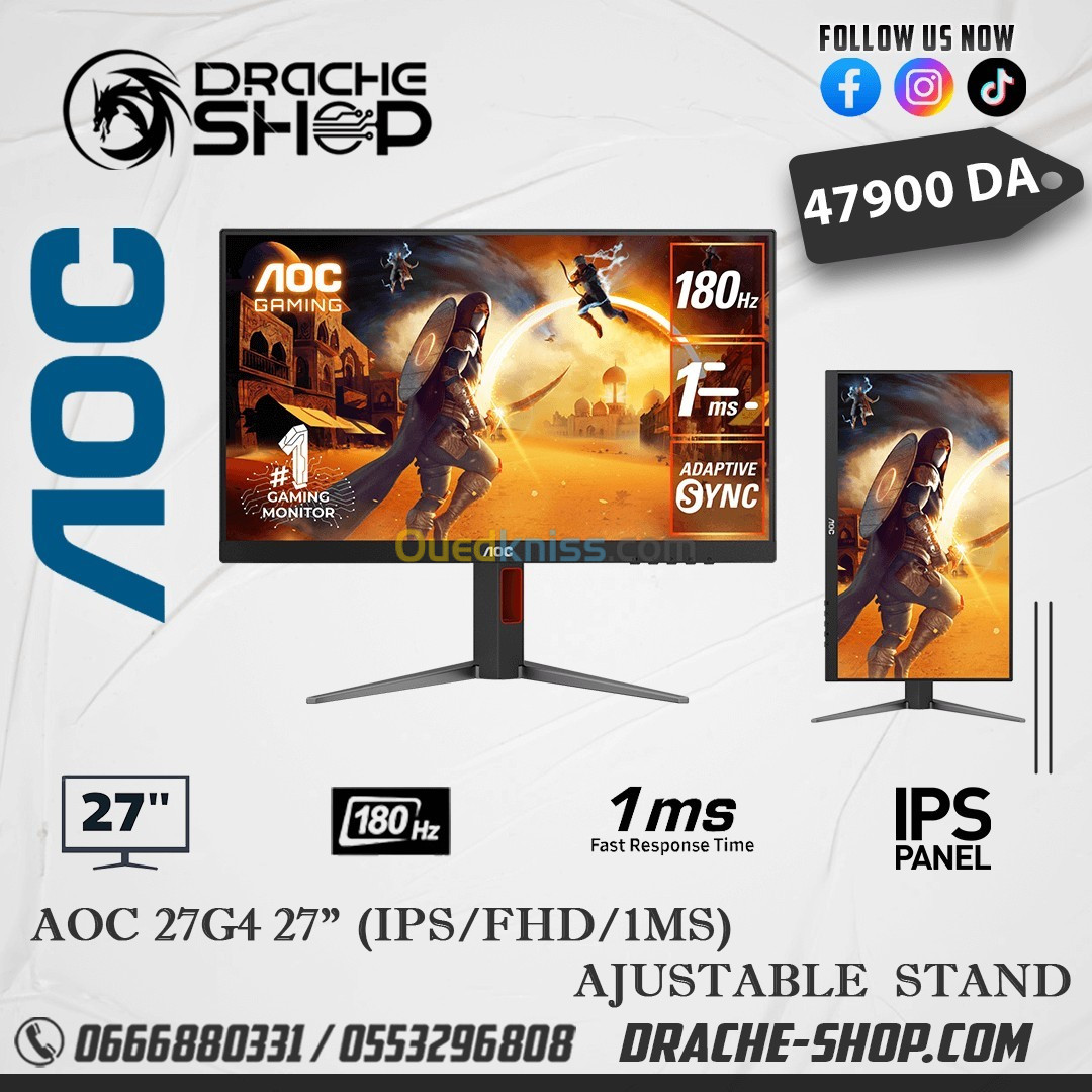 ECRAN Gaming AOC 27G4 IPS 180HZ 1MS ADJUSTABLE Stand