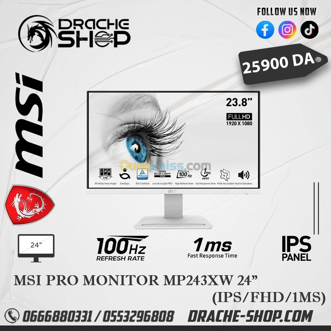 Ecran Gaming MSI PRO MP243XW IPS 100HZ 1ms White