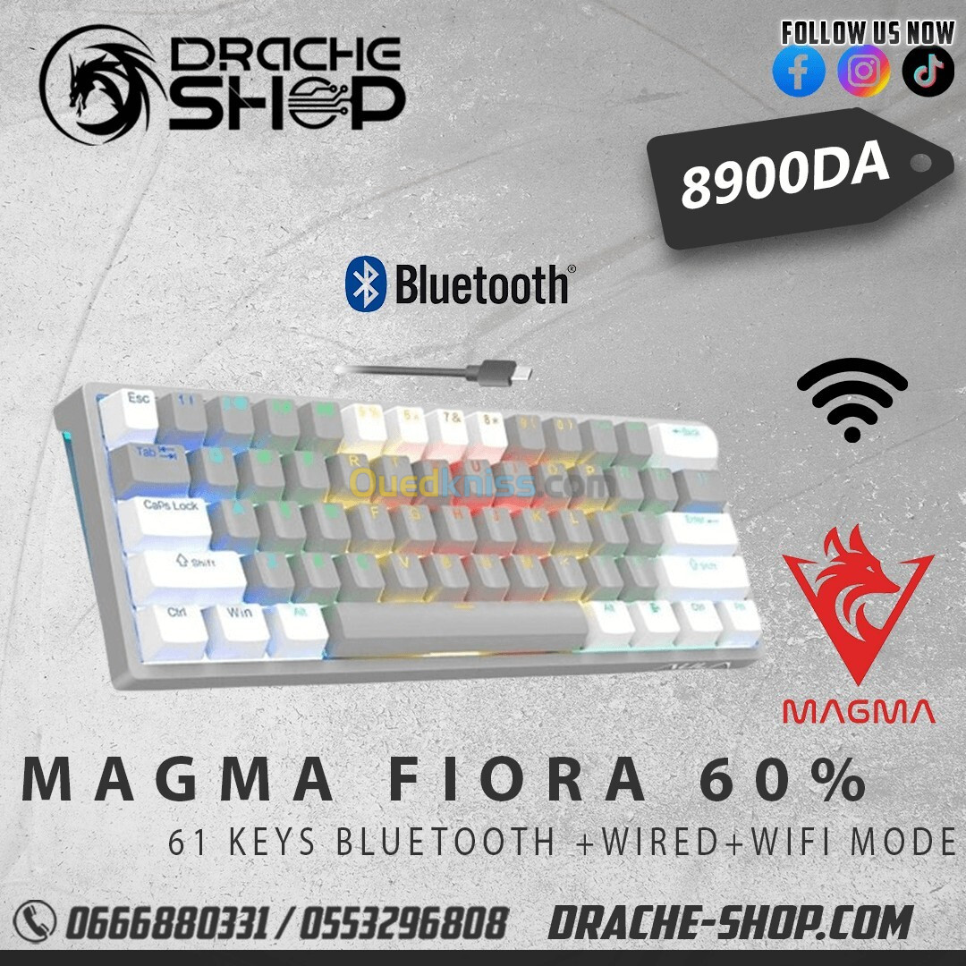 Clavier Gaming MAGMA FIORA 60% GREY-WHITE Wired +Bluetooth + 2.4 Ghz