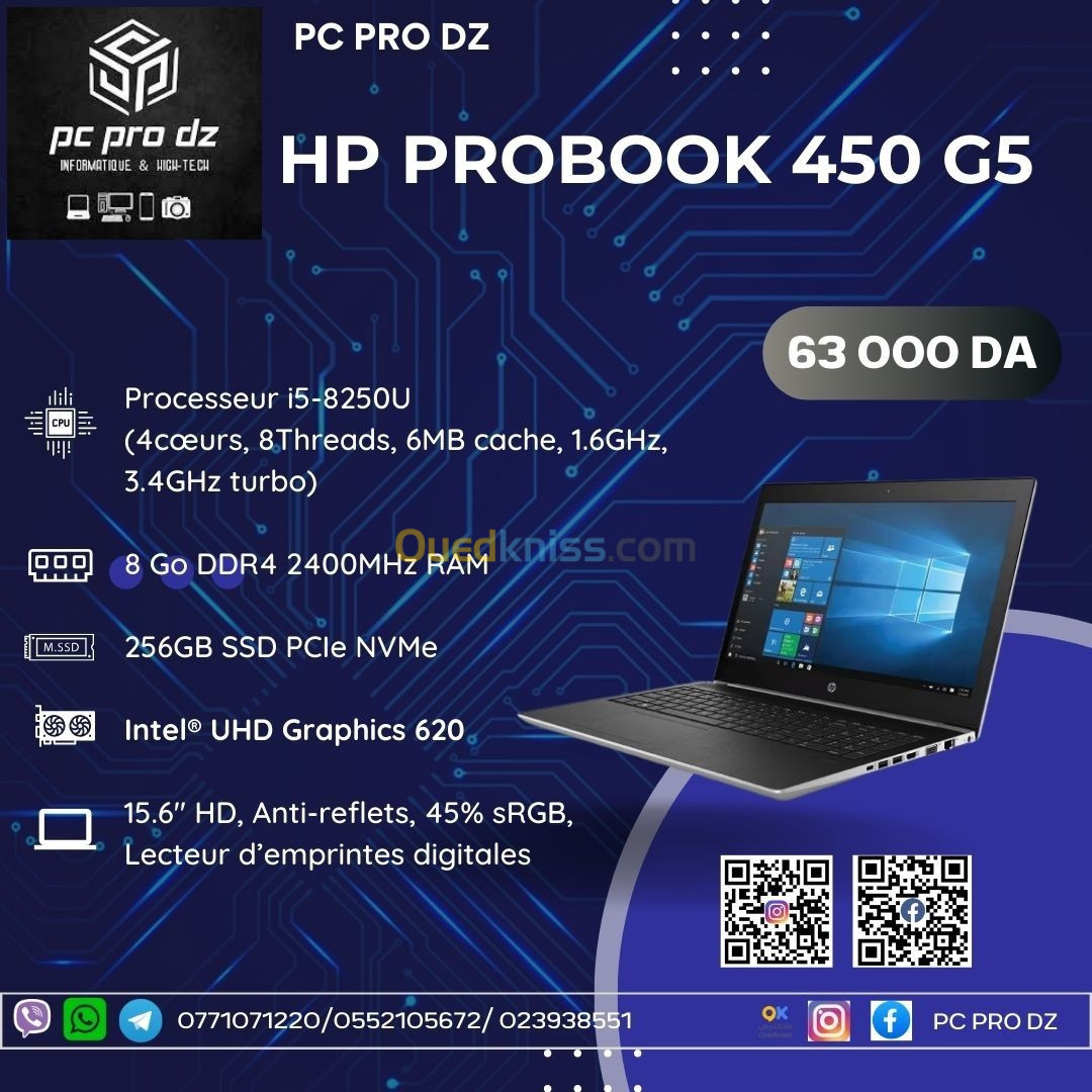 HP PROBOOK 450 G5 i5 8250U 8 Go DDR4 256 Go SSD PCIe NVMe 15.6 HD Intel UHD Graphics 620