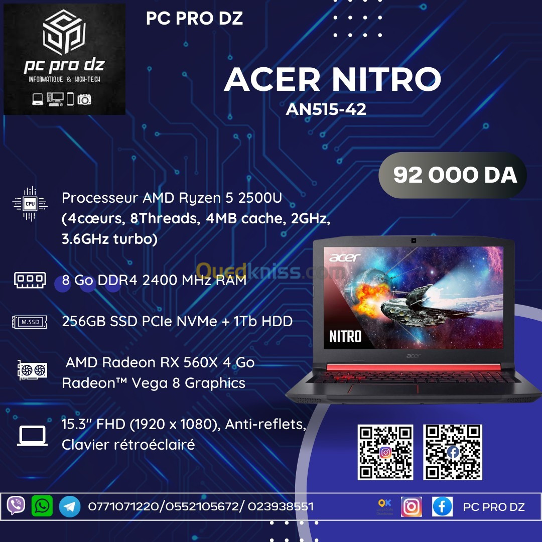 Acer Nitro Ryzen 5 2500U 8 Go DDR4 256 Go SSD + 1 To HDD 15 Pouces RX 560X 4 Go