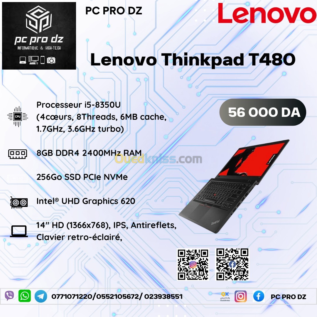 Lenovo Thinkpad T480 i5 8350U 8 Go DDR4 256 Go SSD Intel UHD Graphics 620 14 Pouces HD
