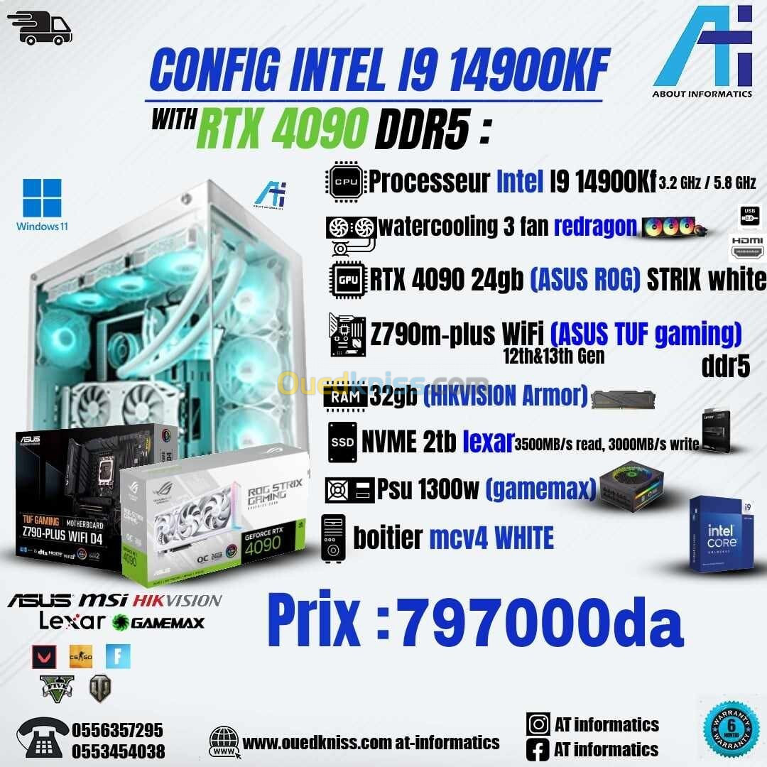 CONFIG DDR5 PC GAMER INTEL I9 14900KF / RTX 4090 24GB ASUS ROG STRIX WHITE