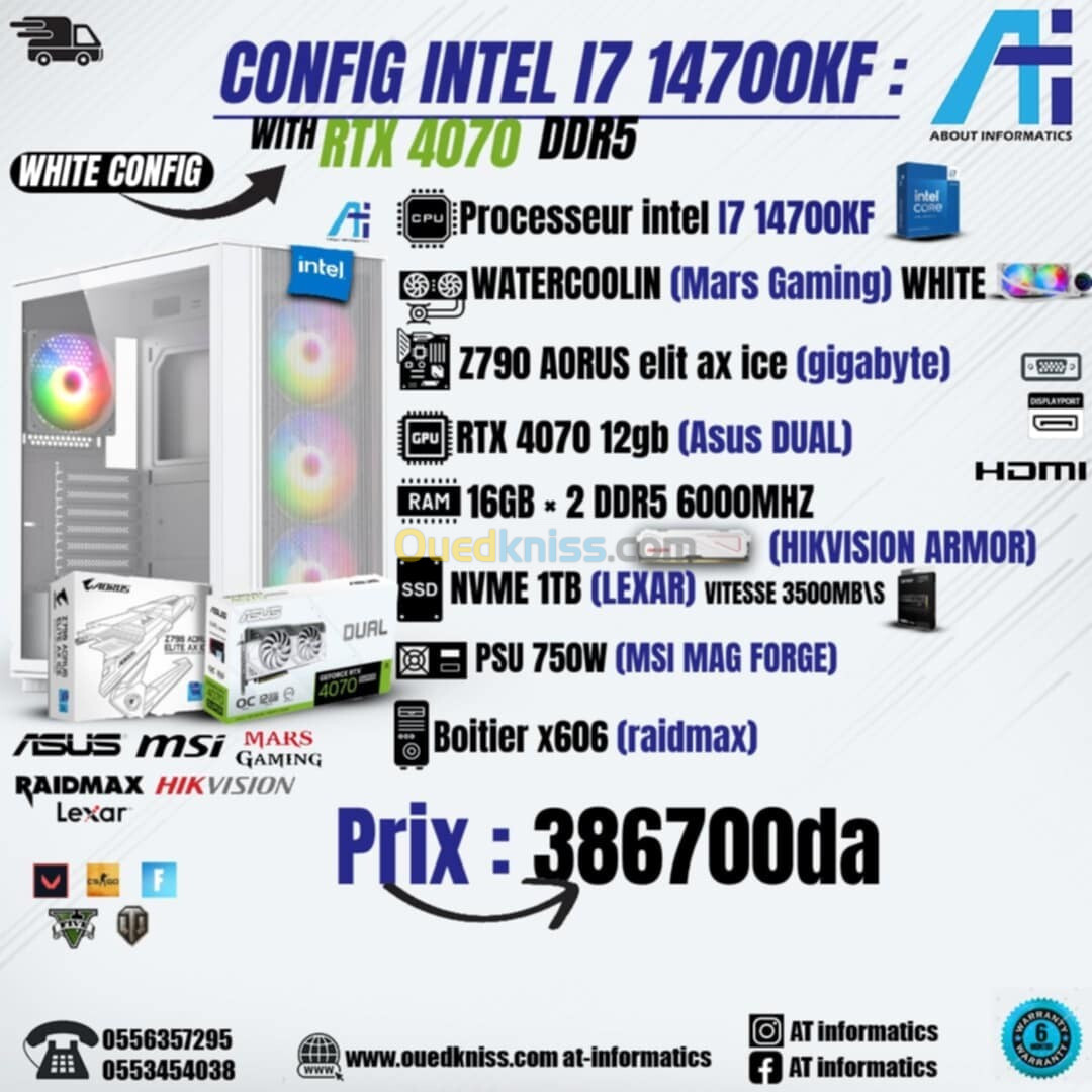 CONFIG PC INTEK CORE I7 14700KF / RTX 4070 12GB ASUS DUAL WHITE NEW