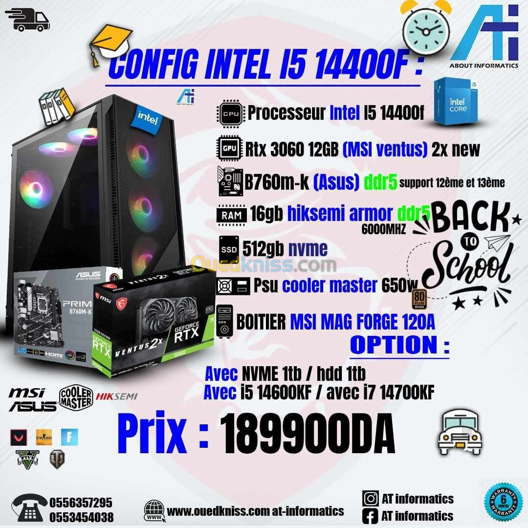 CONFIG PC DDR5 INTEL I5 14400F AVEC RTX 3060 12GB MSI VENTUS 2X NEW