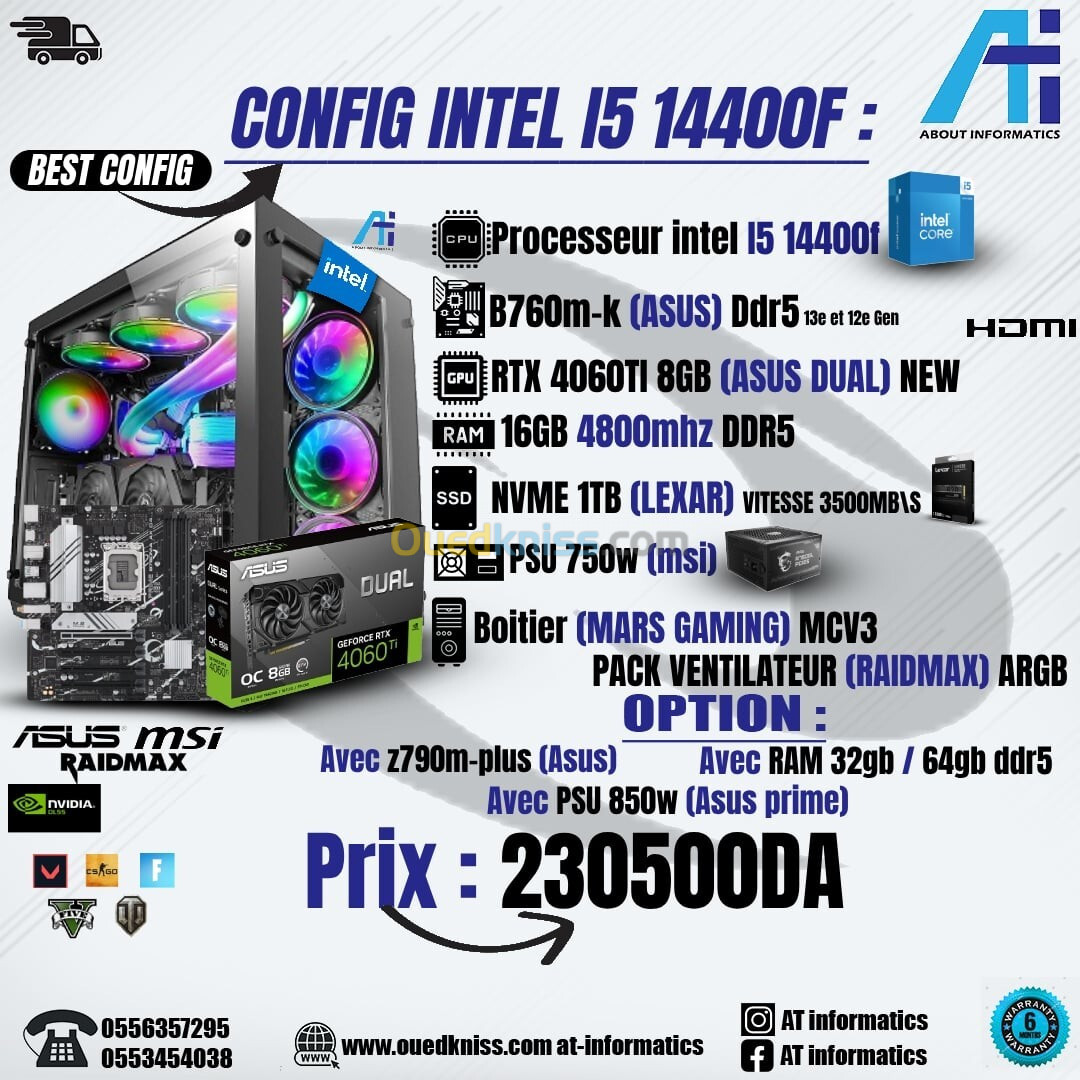 CONFIG PC I5 14400F AVEC RTX 4060TI 8GB ASUS DUAL NEW