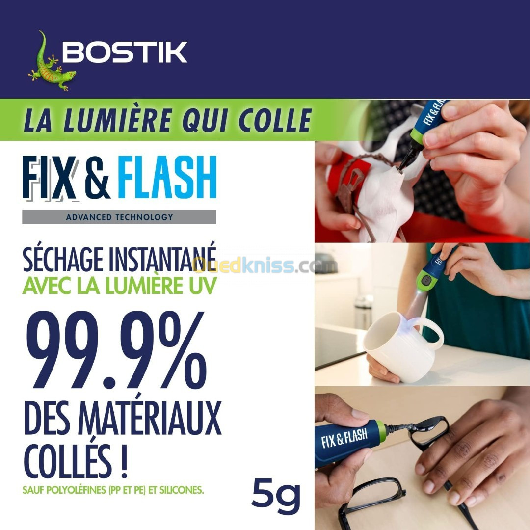 Bostik Fix & Flash Colle de Réparation Lumière UV (Colle Forte Photoactive) Applicateur et Tube