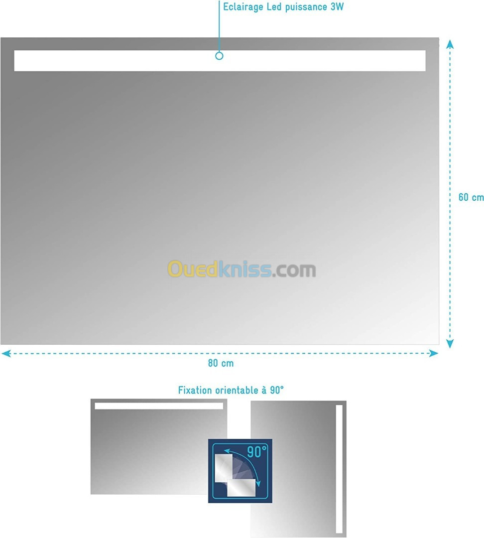 Miroir Salle de Bain LED auto éclairant 80x60cm AURLAN