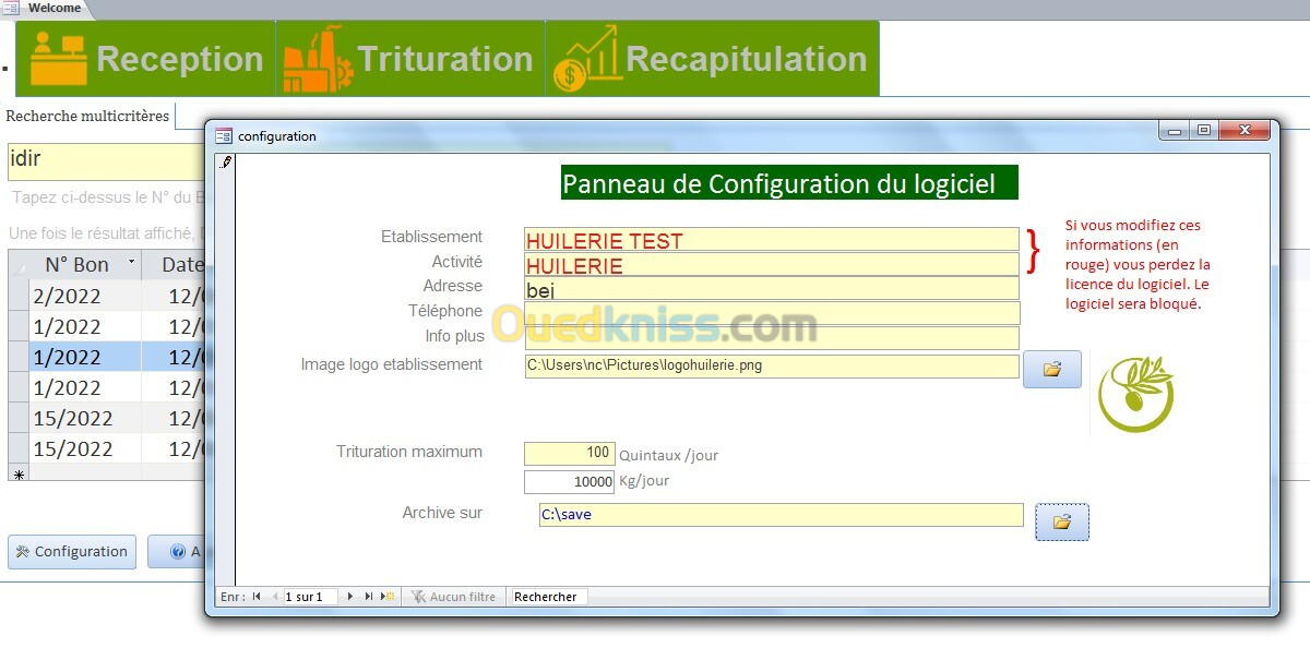 Logiciel de gestion de huilerie