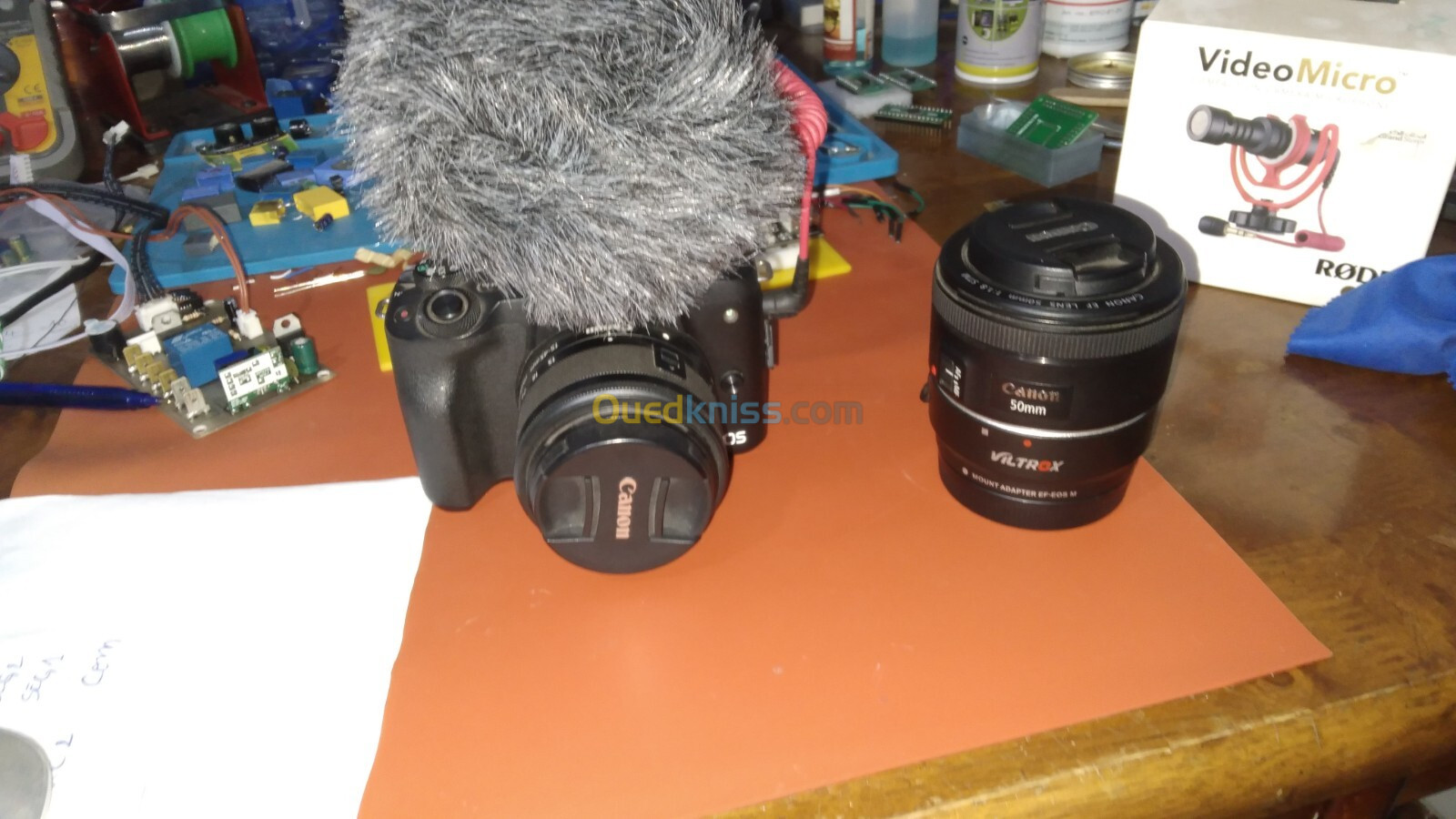 Canon M50 + lens 50mm 1.8 + rode video mic