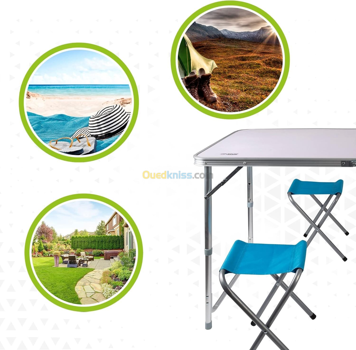 Table de Camping Pliable en Aluminium de 120 cm avec 4 Tabourets, pour le Jardin et l'Extérieur