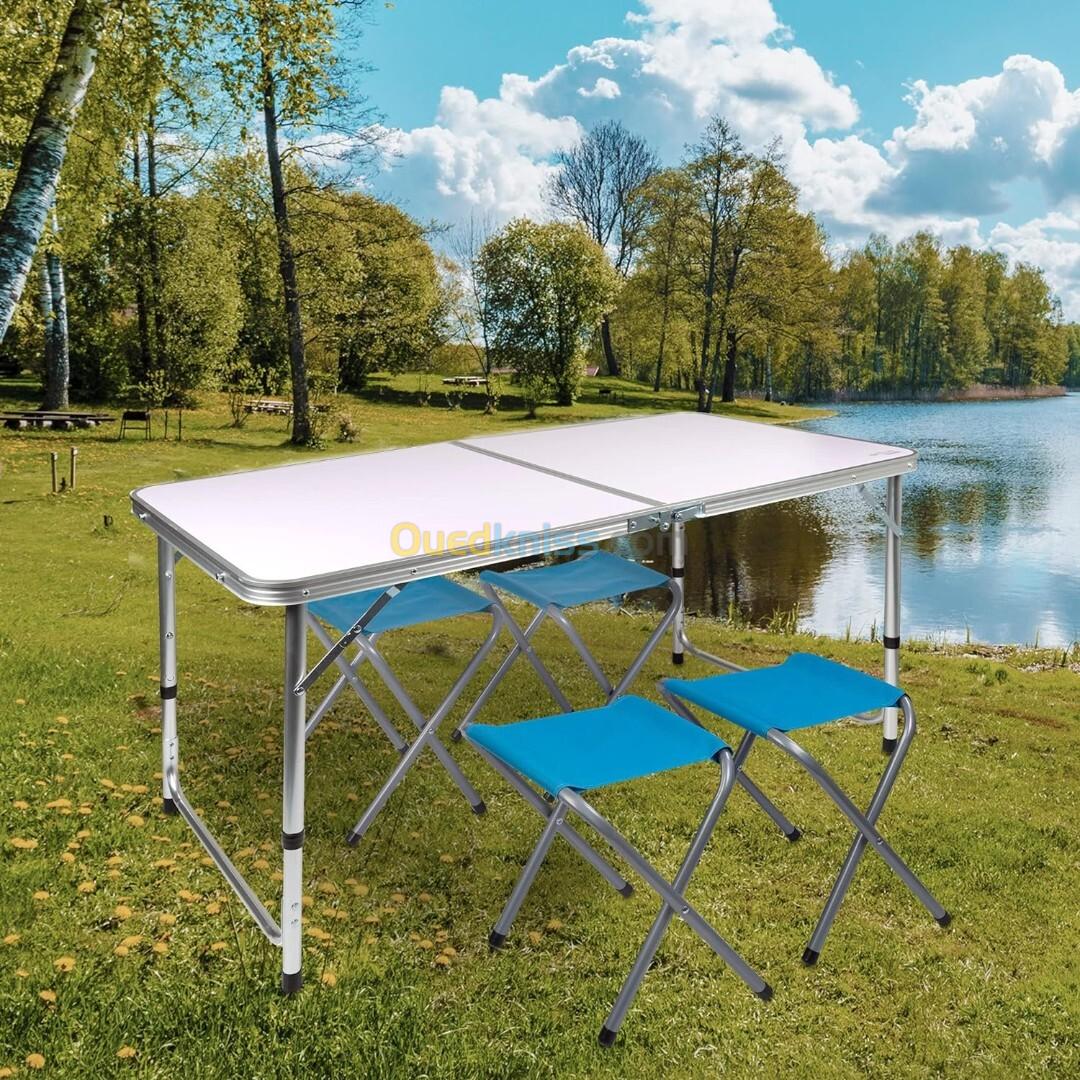 Table de Camping Pliable en Aluminium de 120 cm avec 4 Tabourets, pour le Jardin et l'Extérieur