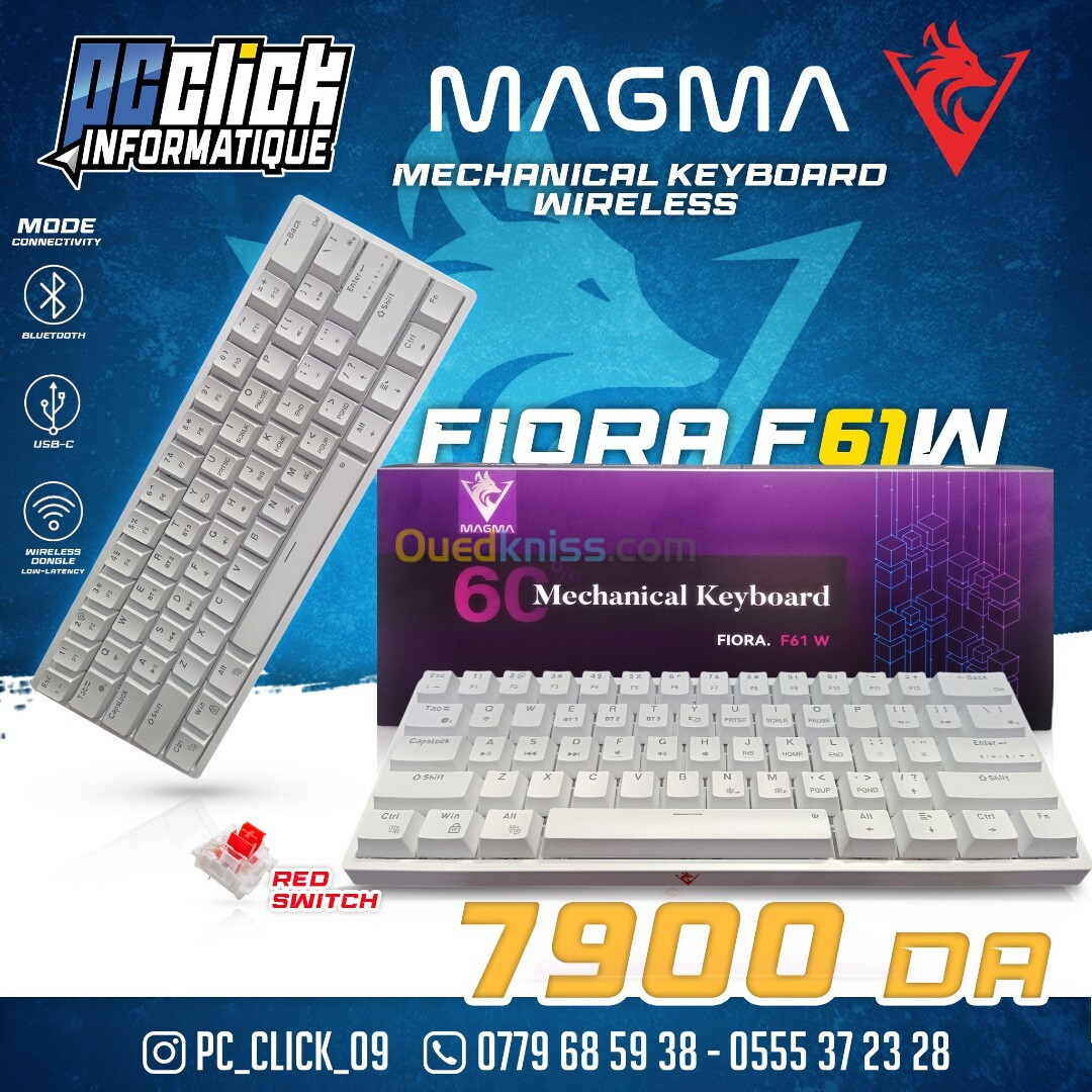 CLAVIER MECANIQUE MAGMA FIORA 60% WHITE F61W 3 MODE  BLUETOOTH / 2.4G WIRELESS / WIRED  