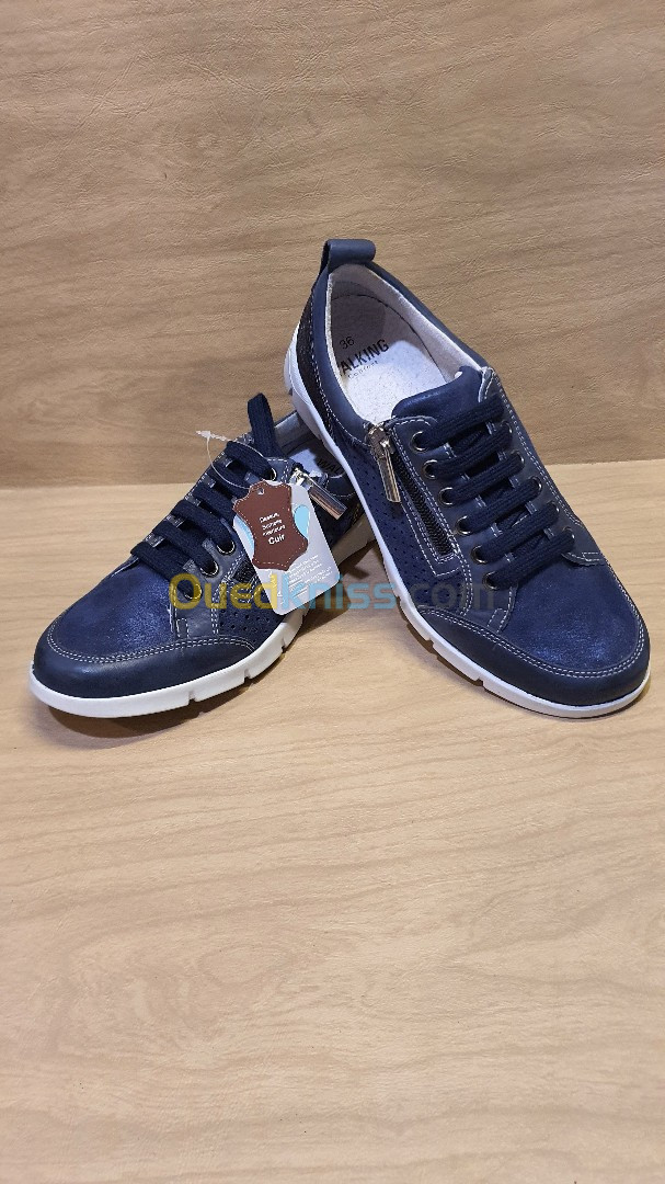 Chaussures de ville femme bleu WALKING Confort tout en cuir , semelle flex très confortable 