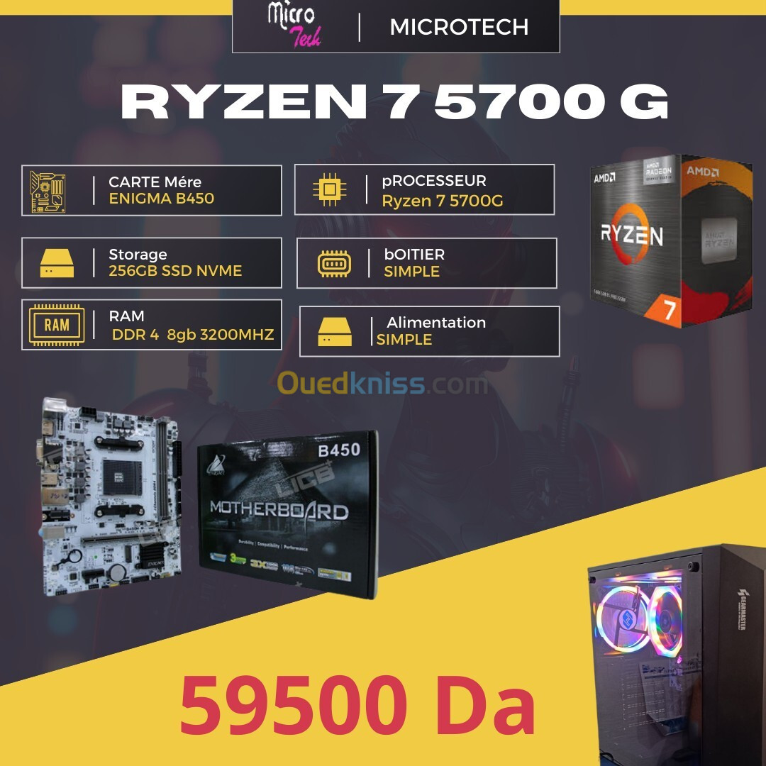 Unité ryzen 7 5700g /b450 enigma /8gb 3200hmz /256 ssd