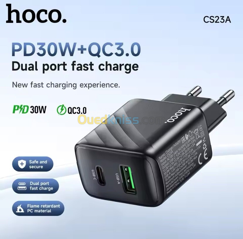 Chargeur Hoco original 30 watts usb C et A