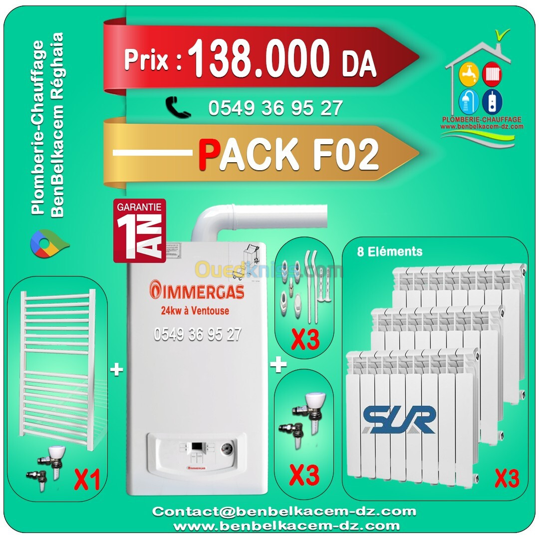 PACK CHAUDIERE MURALE 24KW A VENTOUSE BERETTA/RIELLO/IMMERGAS/JUNKERS F1/F2/F3/F4/F5/F6