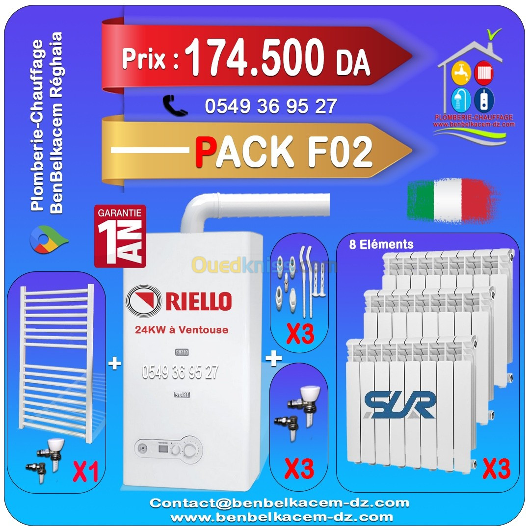 Pack Chaudiere Mural Riello Start 24KW Ventouse F1/F2/F3/F4/F5/F6/F7