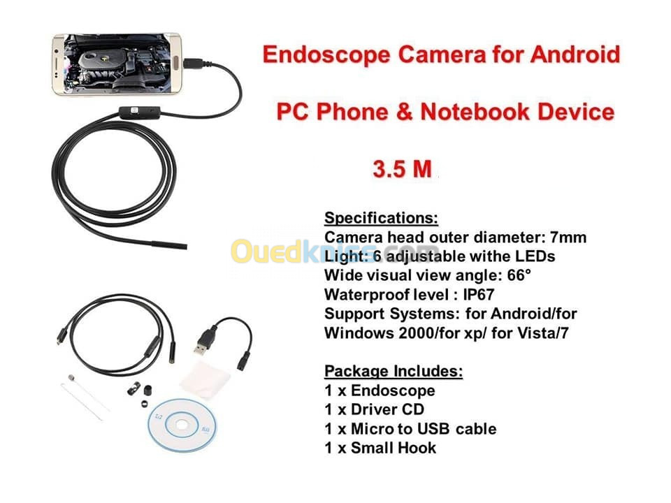 Caméra Endoscopique Android, Objectif 7mm, 6 Led Réglables, Ip67