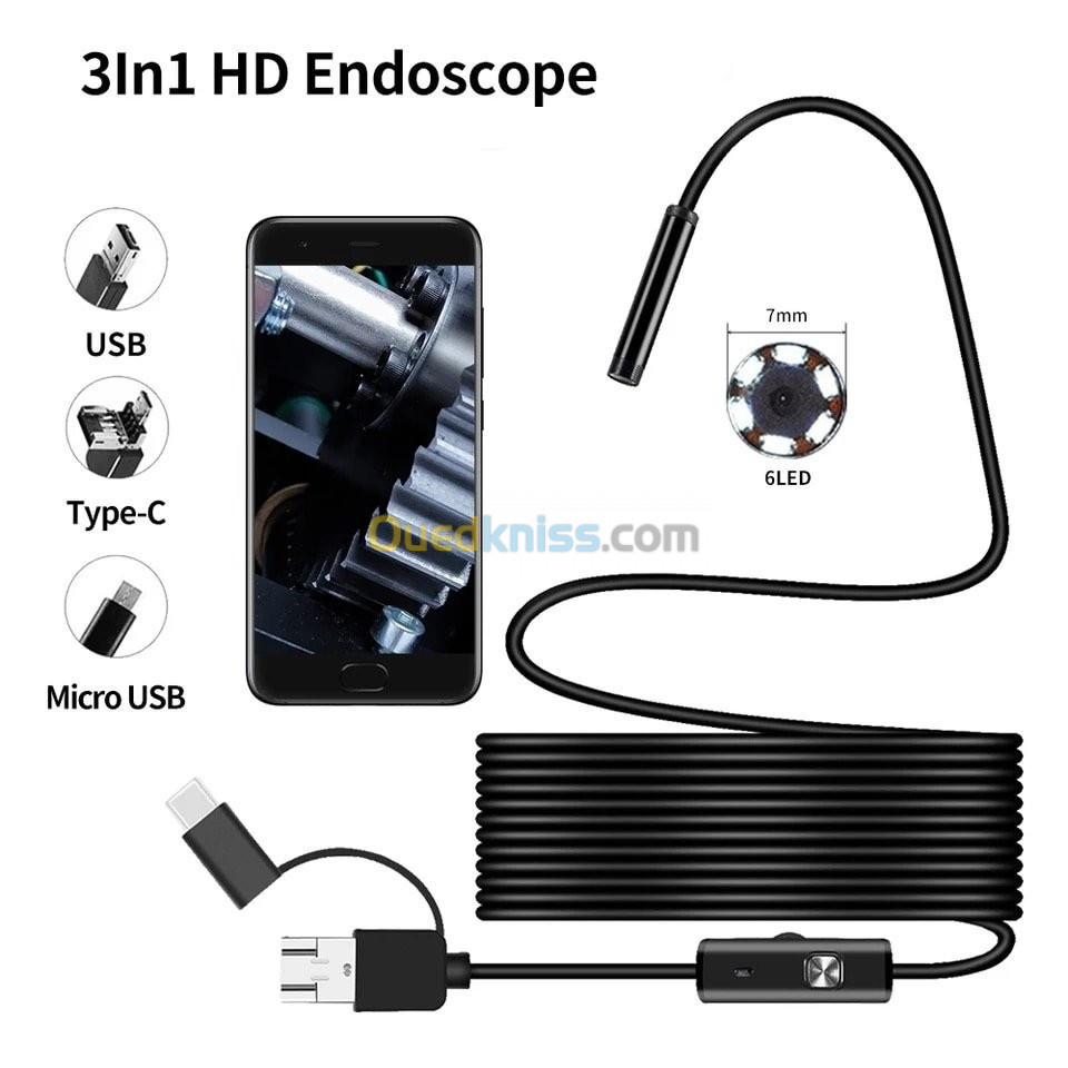 Caméra Endoscopique 3.5 M Cable Rigid - 3 en 1 ( Type-C & Android & PC ) -  Biskra Algérie