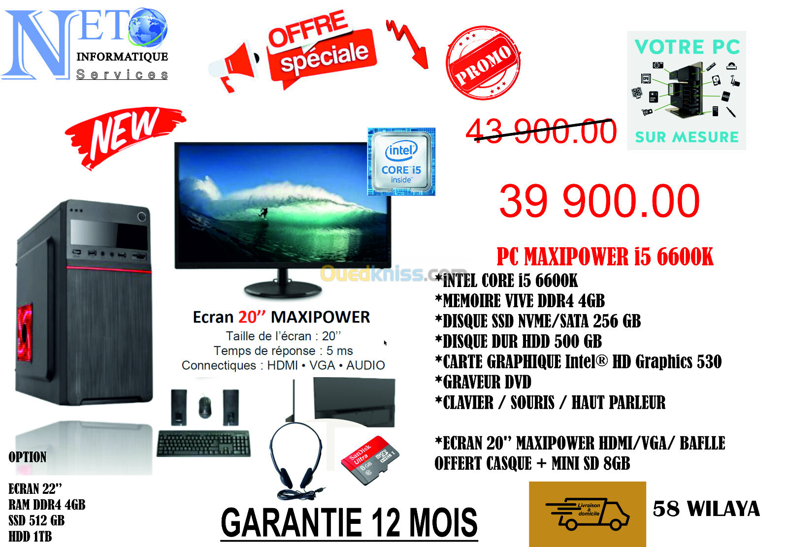 **promo** PC i5 6eme 4GB/ 256GB SSD/ 500GB HDD/ Ecran 20" **promo**