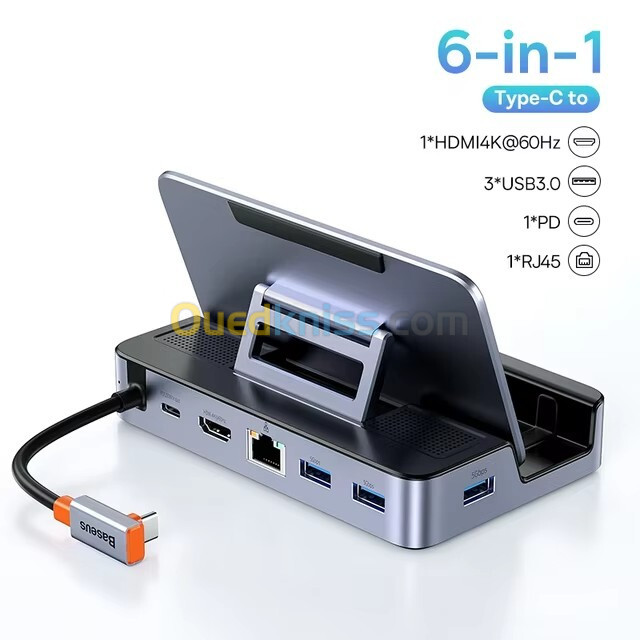 Baseus docking 6 in 1 hub pour gaming nintendo switch type c 6 en 1 4K@60Hz RJ45 100W