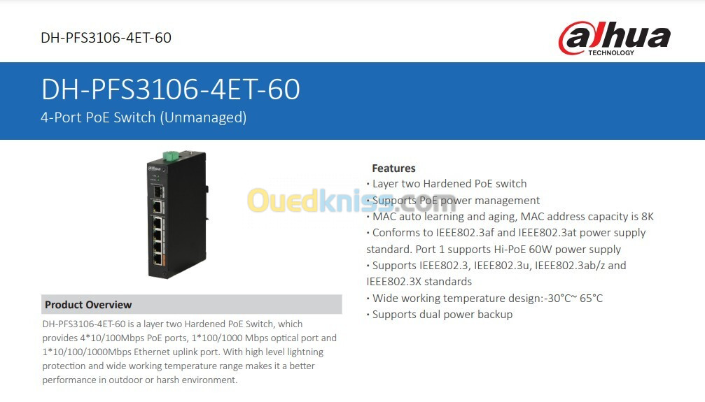 Switch Dahua 04 Ports PoE , 01 ports SFP