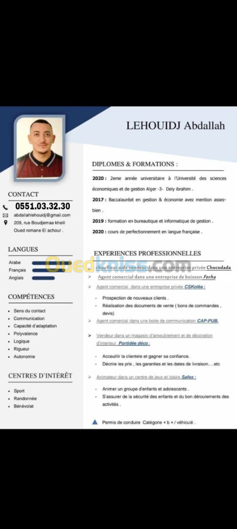 Je cherche un travaille comme agent commercial ou chauffeur vendeur cash van agent polyvalent 