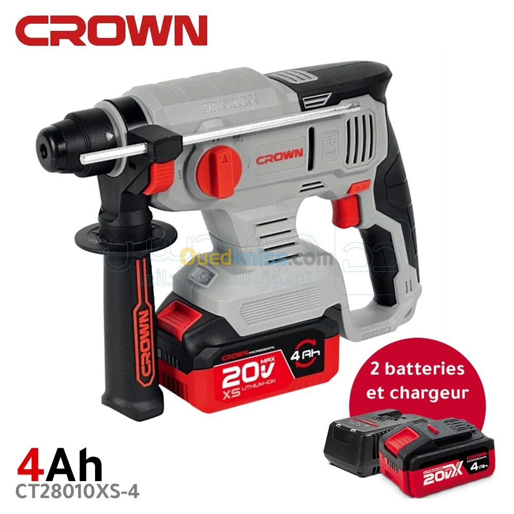 Marteau perforateur et perceuse sans fil avec 2batteries et chargeur 20V 4Ah CROWN CT28010XS-4