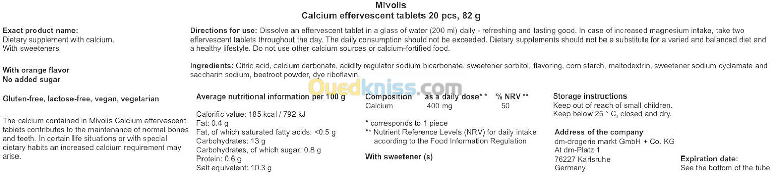 Mivolis Comprimés effervescents de calcium  82 g 20 pièces